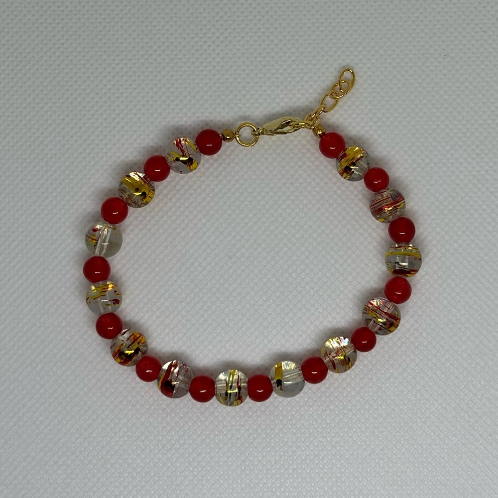 Handmade Gold Wire Bracelet with Red Confetti Beads